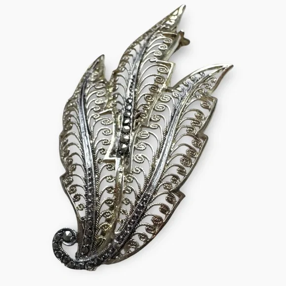 ALICE CAVINESS Vintage Germany Sterling Silver Filigree Leaf Brooch, Signed